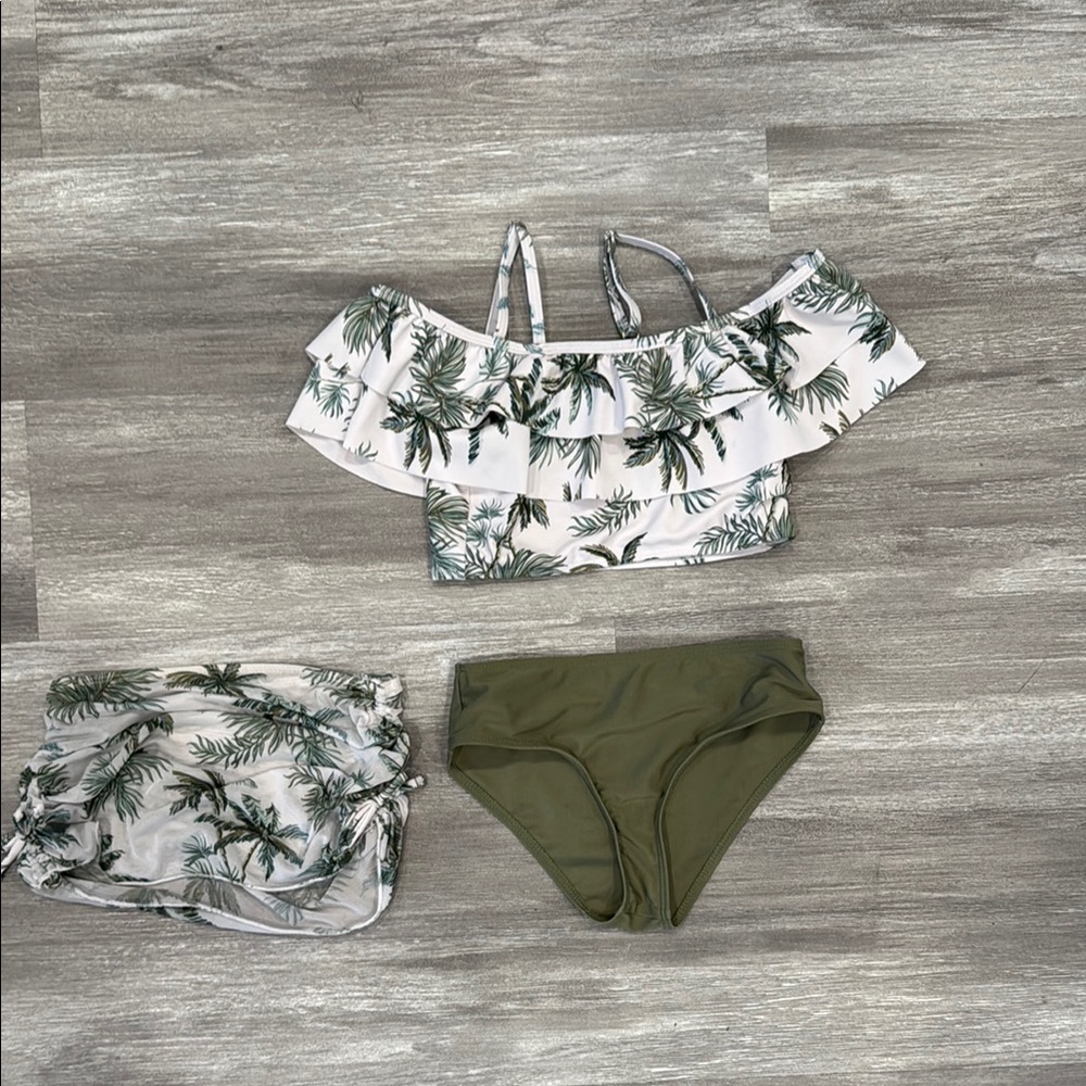 Tropical Leaf Print Bikini Set With mesh skirt coverup
